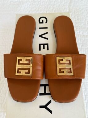 Givenchy Tan Leather Slide Sandals with Gold Logo